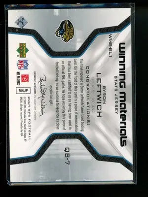 2007 Upper Deck SPx Winning Materials Byron Leftwich #WM5-BL Jersey Patch - Football Card Single