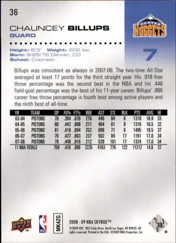2008-09 SkyBox #36 Chauncey Billups NM-MT Nuggets ID:20518 - Basketball Card Single