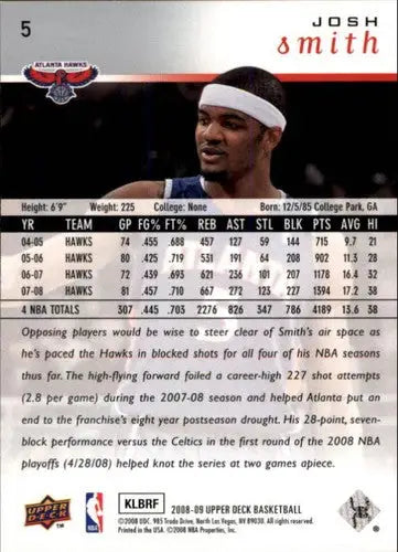 2008-09 Upper Deck #5 Josh Smith NM-MT Hawks ID:22020 - Basketball Card Single