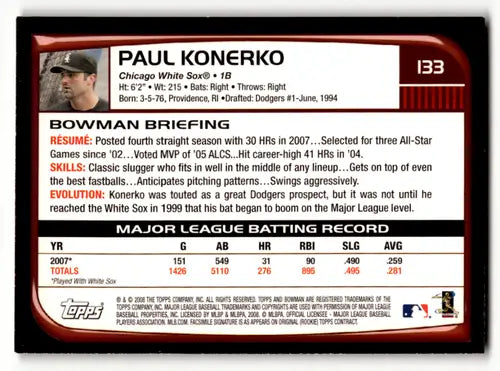 2008 Bowman #133 Paul Konerko NM-MT White Sox ID:62753 - Baseball Card Single