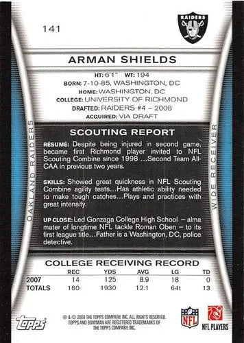 2008 Bowman #141 Arman Shields NM-MT RC Rookie Raiders ID:68710 - Football Card Single