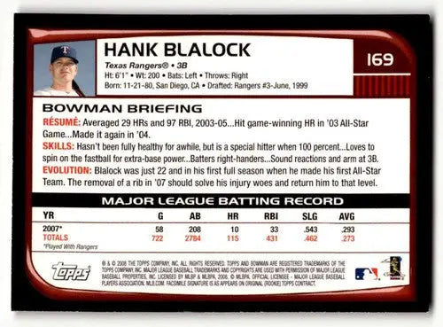 2008 Bowman Hank Blalock Texas Rangers baseball card EX/NM for Rangers baseball collectors