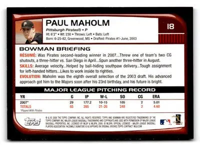 2008 Bowman #18 Paul Maholm - Baseball Card Single