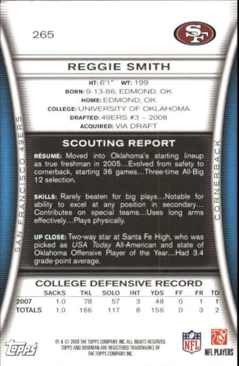 2008 Bowman #265 Reggie Smith NM-MT RC Rookie 49ers ID:18008 - Football Card Single