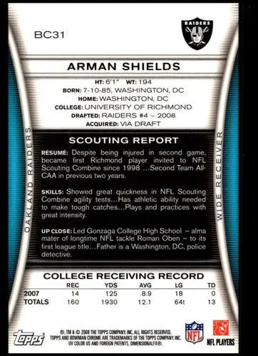 Original gloss Bowman Chrome Arman Shields football card from 2008 Rookie Raiders