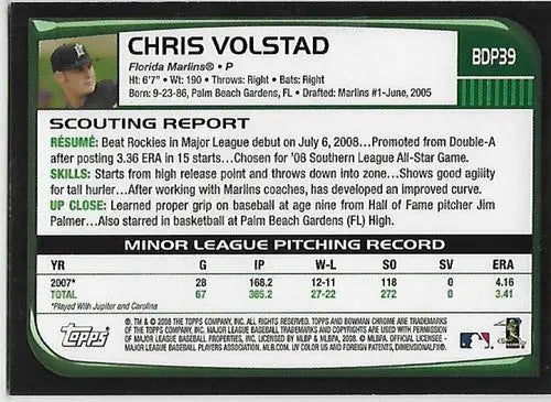 2008 Bowman Chrome Draft #BDP39B Chris Volstad NM-MT Auto - Baseball Card Single