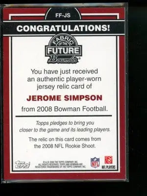 2008 Bowman Fabric of the Future Jerome Simpson #FF-JS Jersey Relic Football - Football Card Single