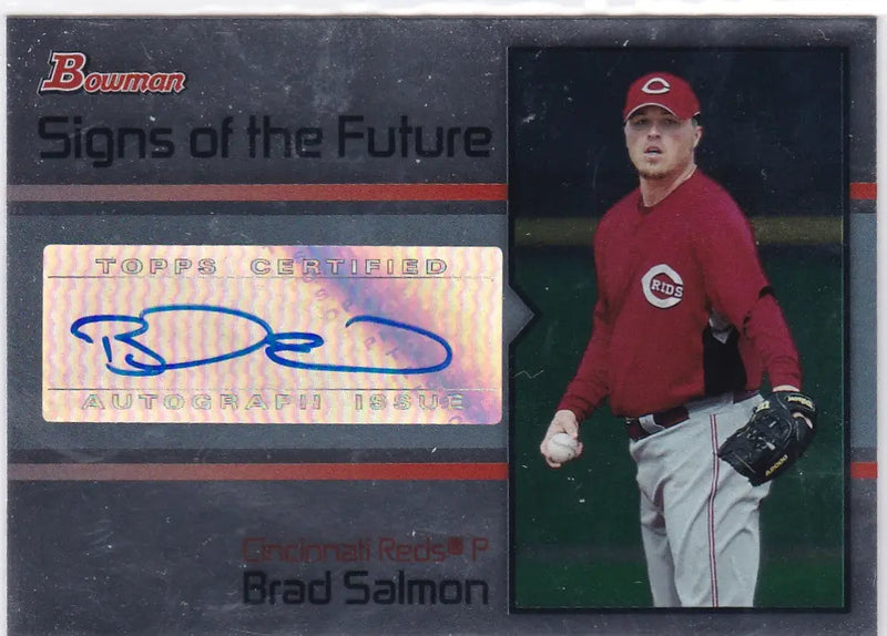 Baseball card of Brad Salmon AUTO in red uniform from Bowman Signs of the Future