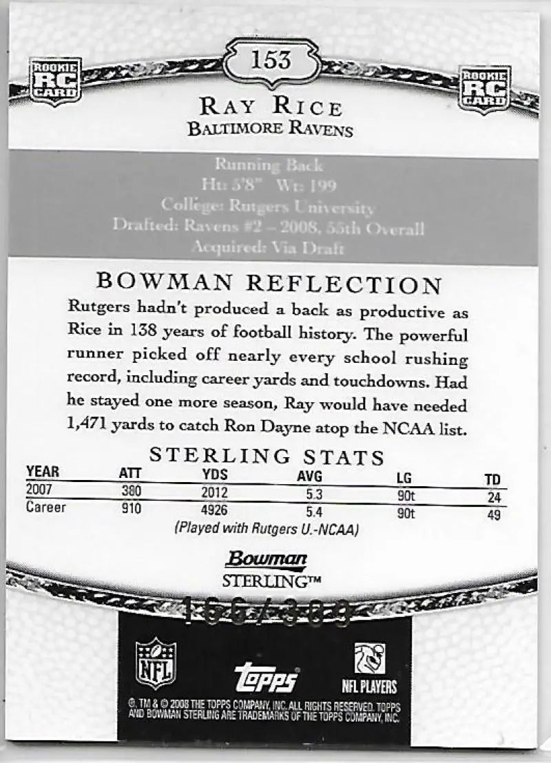 2008 Bowman Sterling Jerseys Large Swatch #153 Ray Rice NM-MT MEM 166/3 ID:15751 - Football Card Single