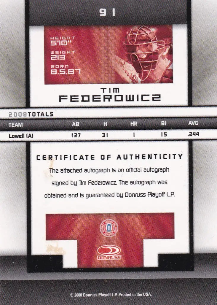 2008 DONRUSS ELITE #91 TIM FEDEROWICS AUTO 811/844- BOSTON RED SOX - Baseball Card Single