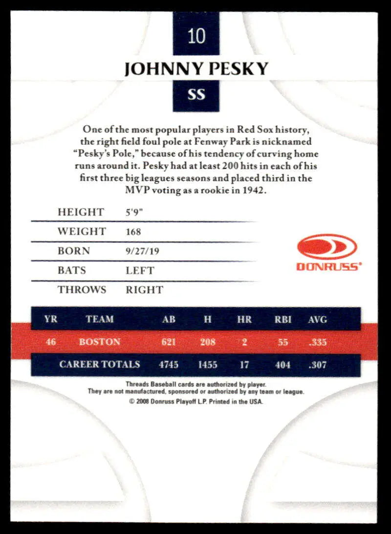 2008 Donruss Threads #10 Johnny Pesky EX Excellent Boston Red Sox Baseball Card - Baseball Card Single