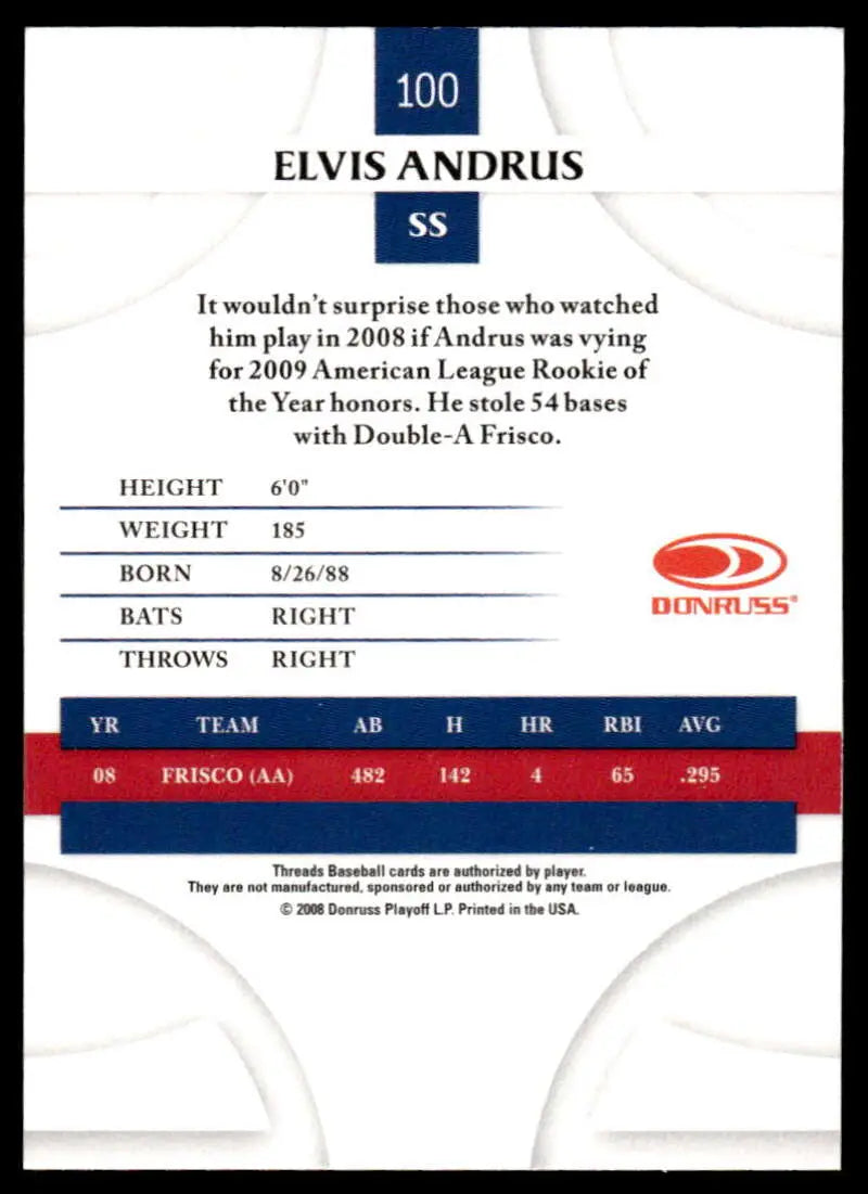 2008 Donruss Threads #100 Elvis Andrus EX Excellent Texas Rangers Baseball Card - Baseball Card Single