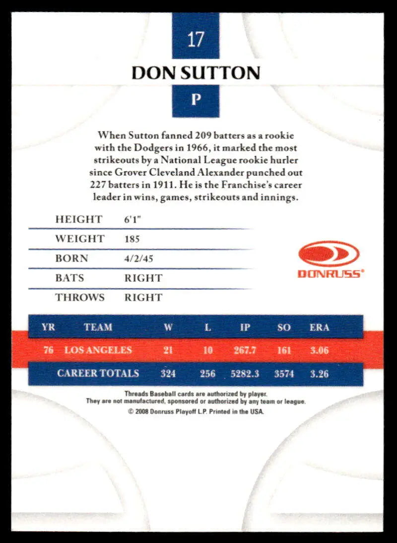 2008 Donruss Threads #17 Don Sutton EX Excellent Los Angeles Dodgers Baseball Card - Baseball Card Single