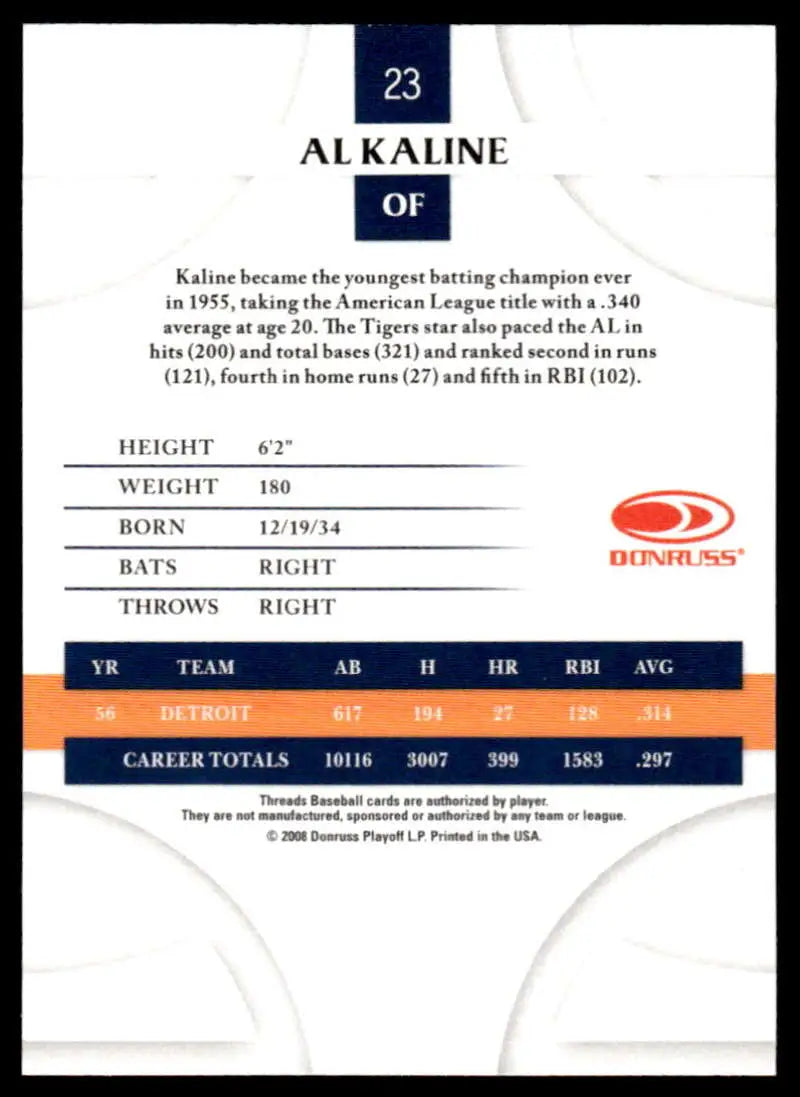2008 Donruss Threads #23 Al Kaline EX Excellent Detroit Tigers Baseball Card - Baseball Card Single