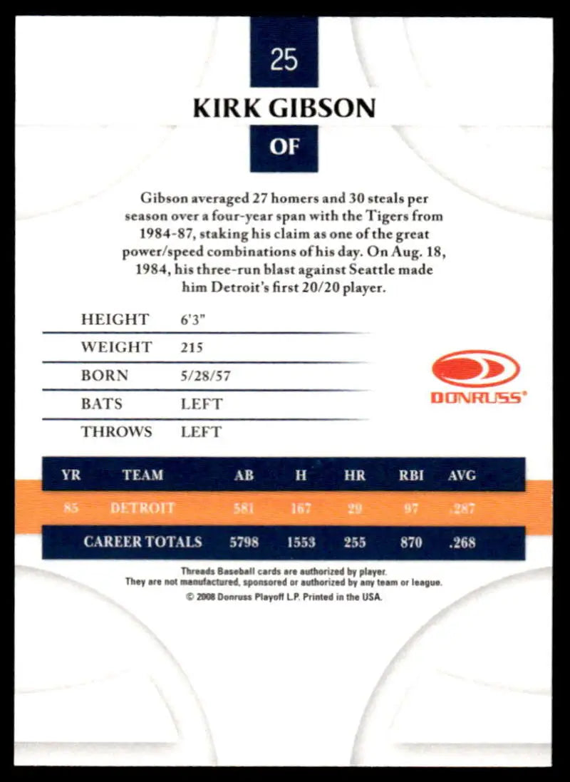 2008 Donruss Threads #25 Kirk Gibson EX Excellent Detroit Tigers Baseball Card - Baseball Card Single