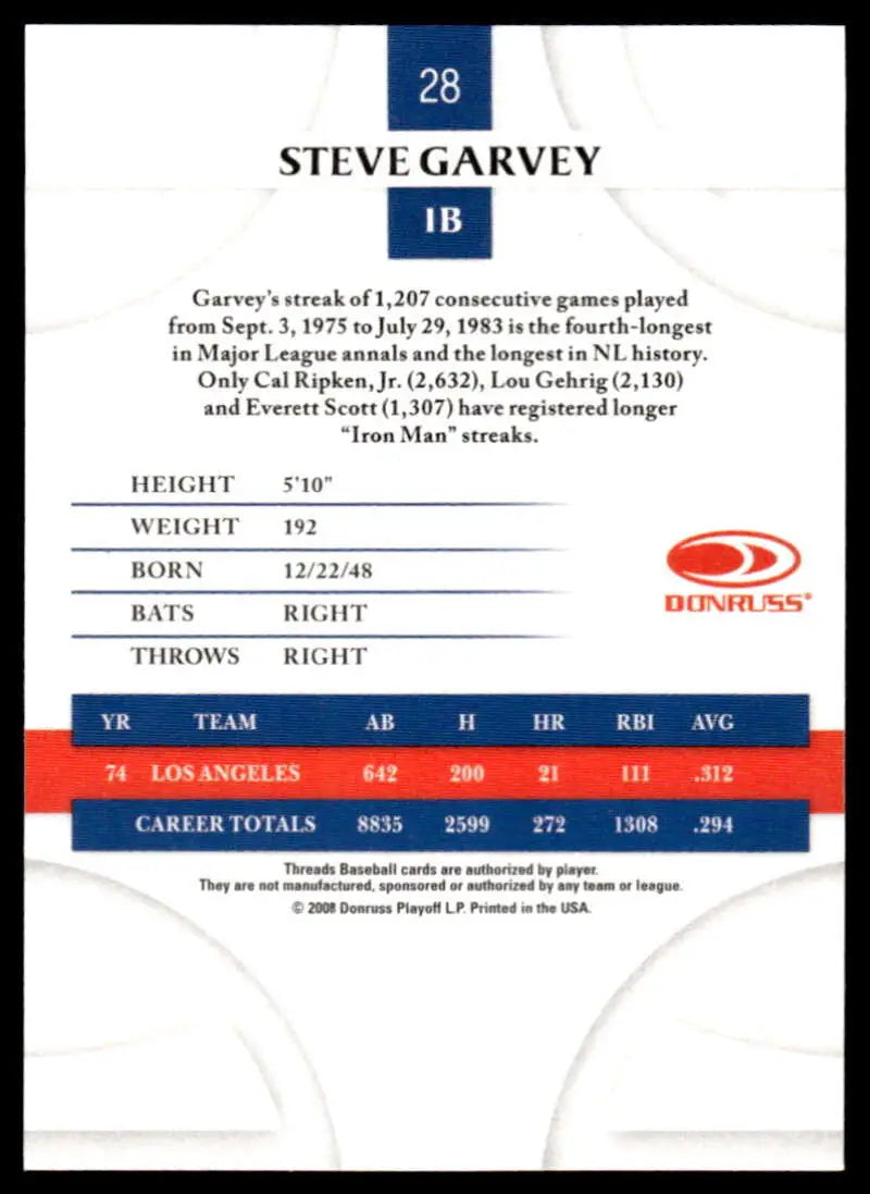 2008 Donruss Threads #28 Steve Garvey EX Excellent Los Angeles Dodgers Baseball Card - Baseball Card Single