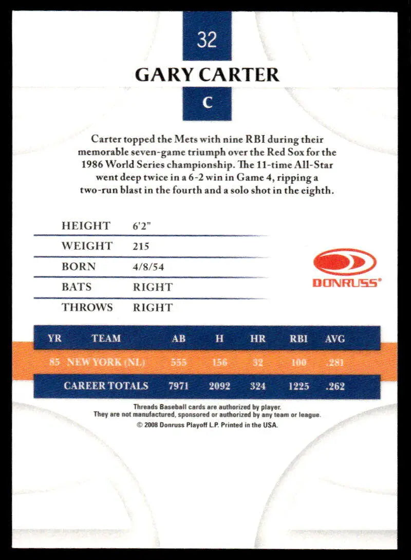 2008 Donruss Threads #32 Gary Carter EX Excellent New York Mets Baseball Card - Baseball Card Single