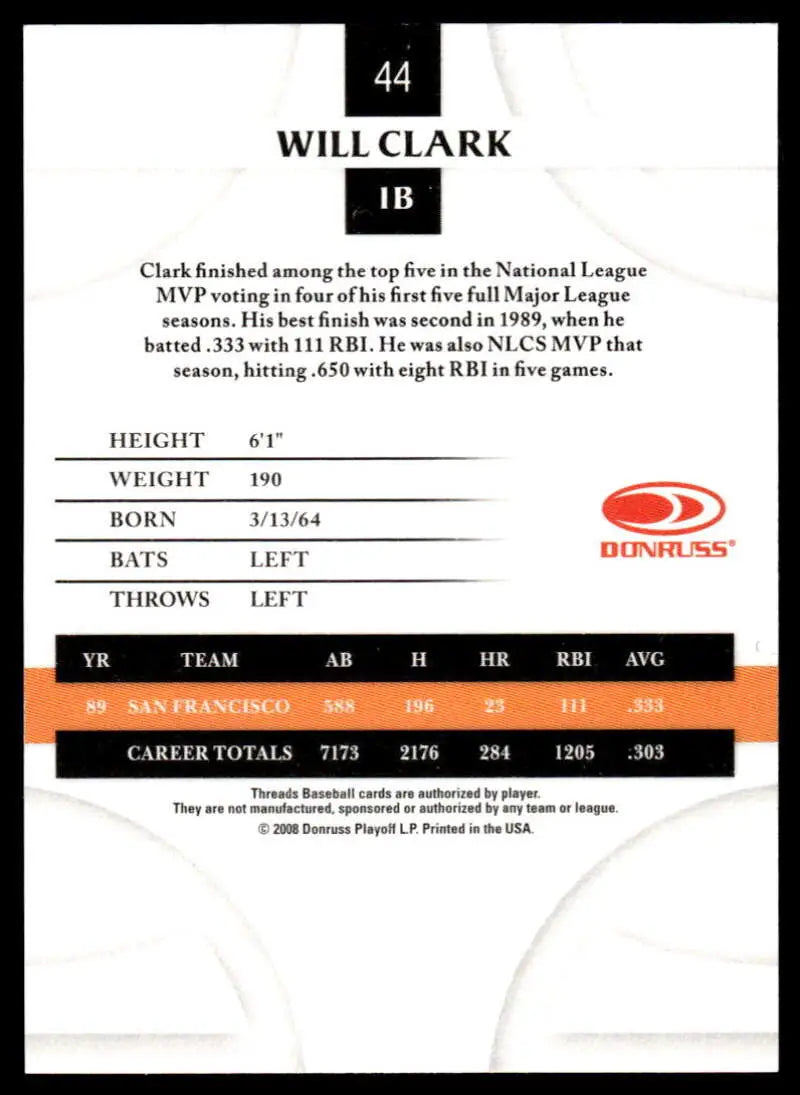 2008 Donruss Threads #44 Will Clark EX Excellent San Francisco Giants Baseball Card - Baseball Card Single