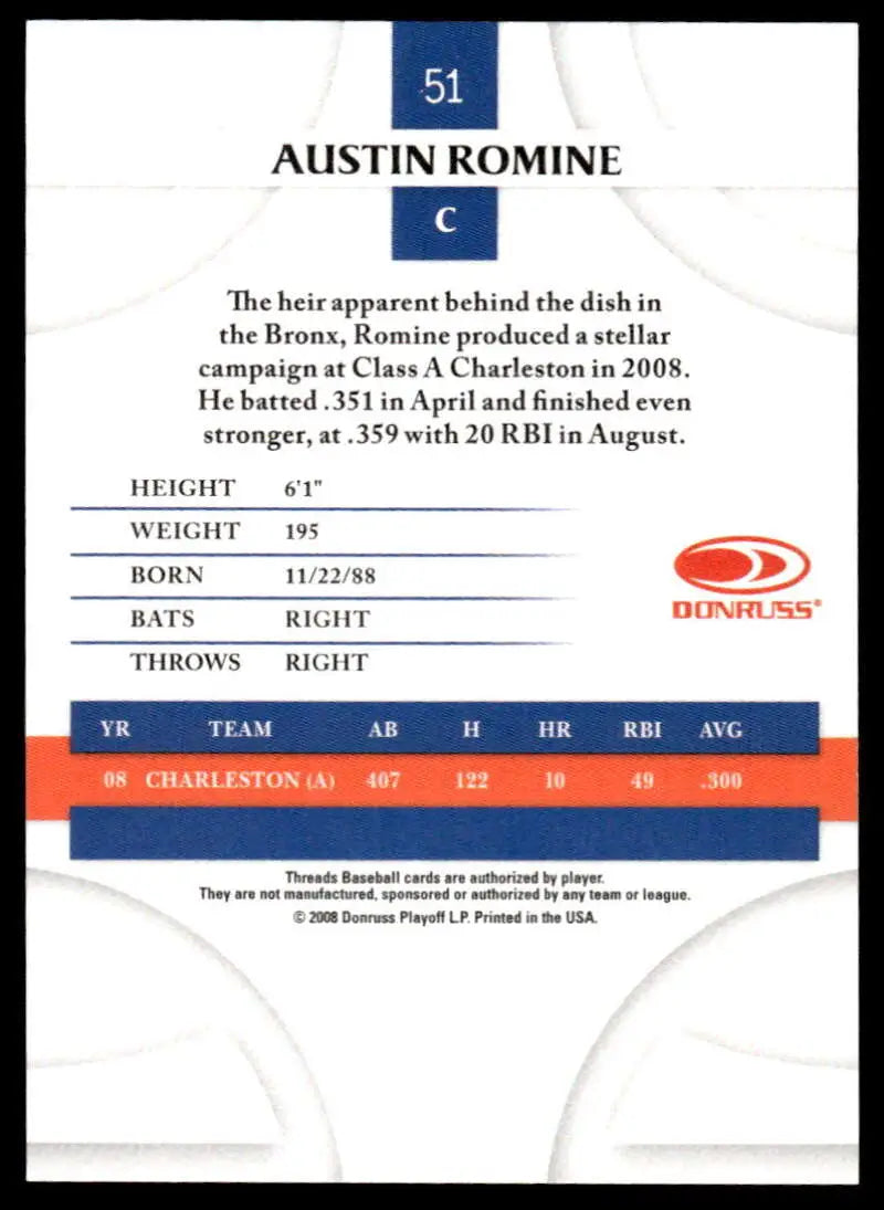 2008 Donruss Threads #51 Austin Romine EX Excellent New York Yankees Baseball Card - Baseball Card Single