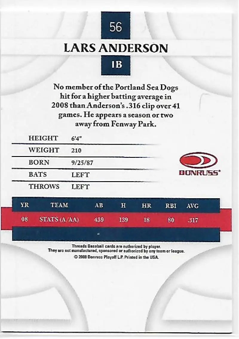 2008 Donruss Threads #56 Lars Anderson EX Excellent Boston Red Sox Baseball Card - Baseball Card Single