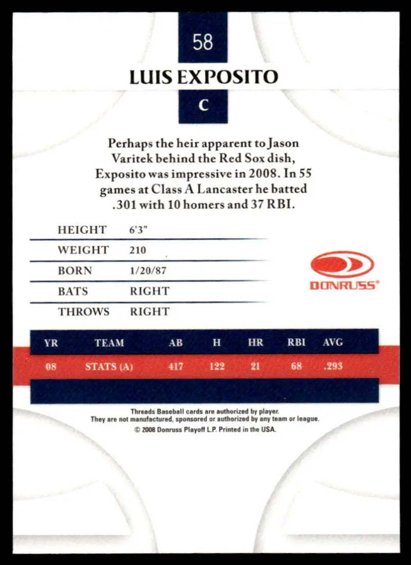 2008 Donruss Threads #58 Luis Exposito EX Excellent Boston Red Sox Baseball Card - Baseball Card Single