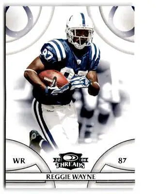 Football trading card of Reggie Wayne in blue and white uniform from Donruss Threads