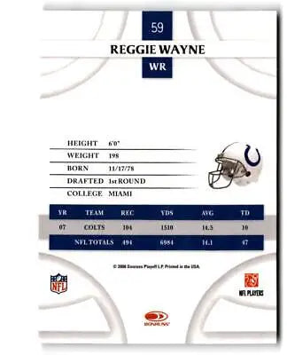 NFL player statistics card for Reggie Wayne from 2008 Donruss Threads trading cards