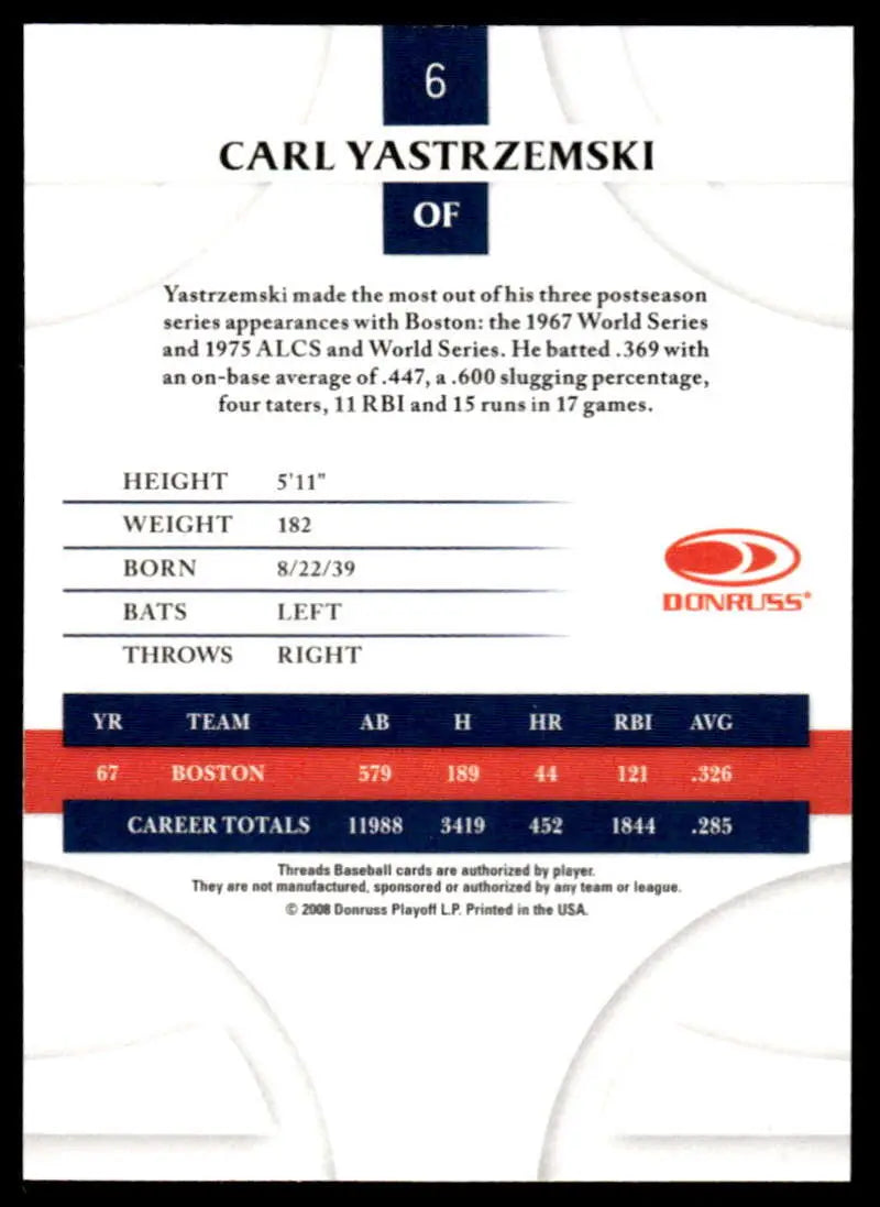 2008 Donruss Threads #6 Carl Yastrzemski EX Excellent Boston Red Sox Baseball Card - Baseball Card Single