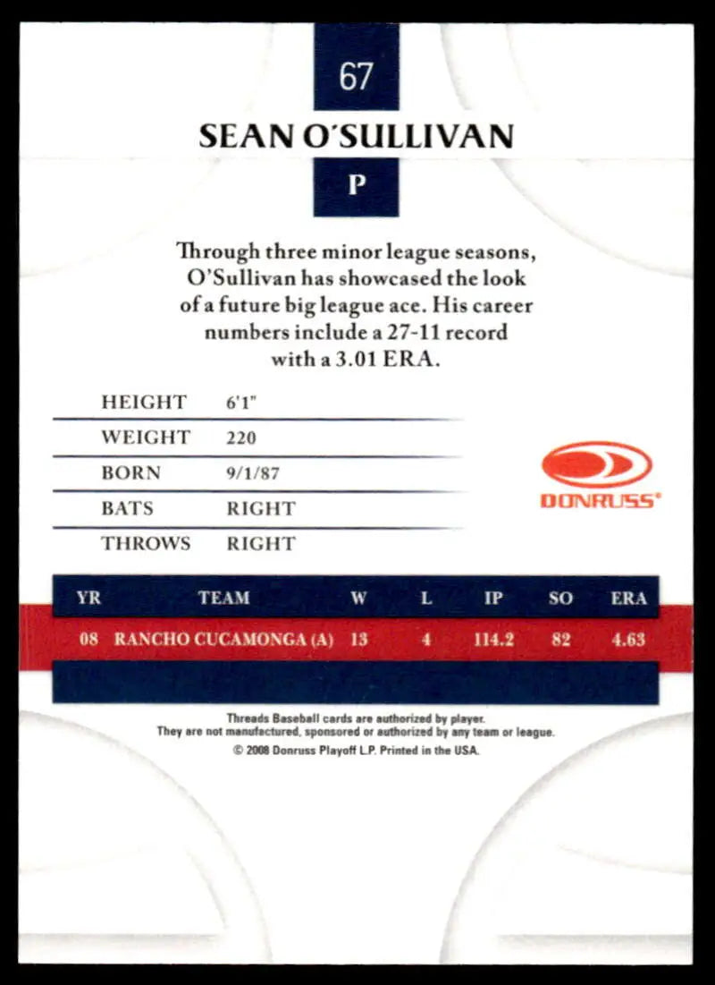 2008 Donruss Threads #67 Sean O’Sullivan EX Excellent Los Angeles Angels Baseball Card - Baseball Card Single