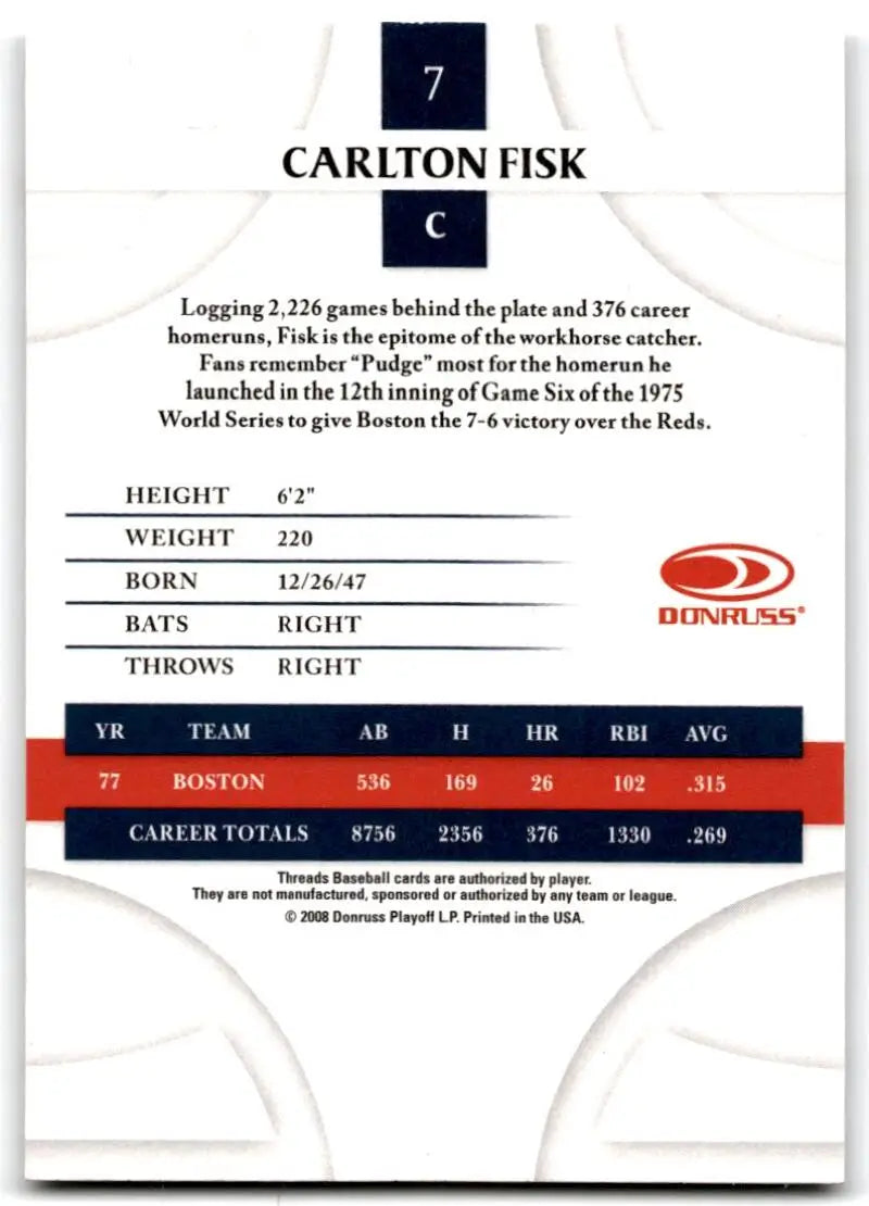 2008 Donruss Threads #7 Carlton Fisk EX Excellent Boston Red Sox Baseball Card - Baseball Card Single