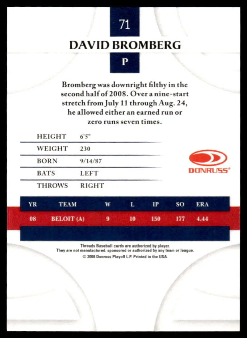 2008 Donruss Threads #71 David Bromberg EX Excellent Minnesota Twins Baseball Card - Baseball Card Single
