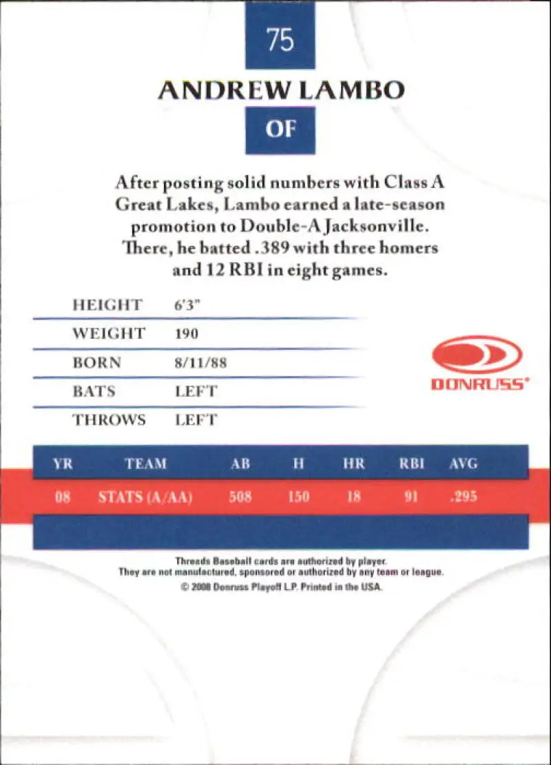 2008 Donruss Threads #75 Andrew Lambo EX Excellent Los Angeles Dodgers Baseball Card - Baseball Card Single