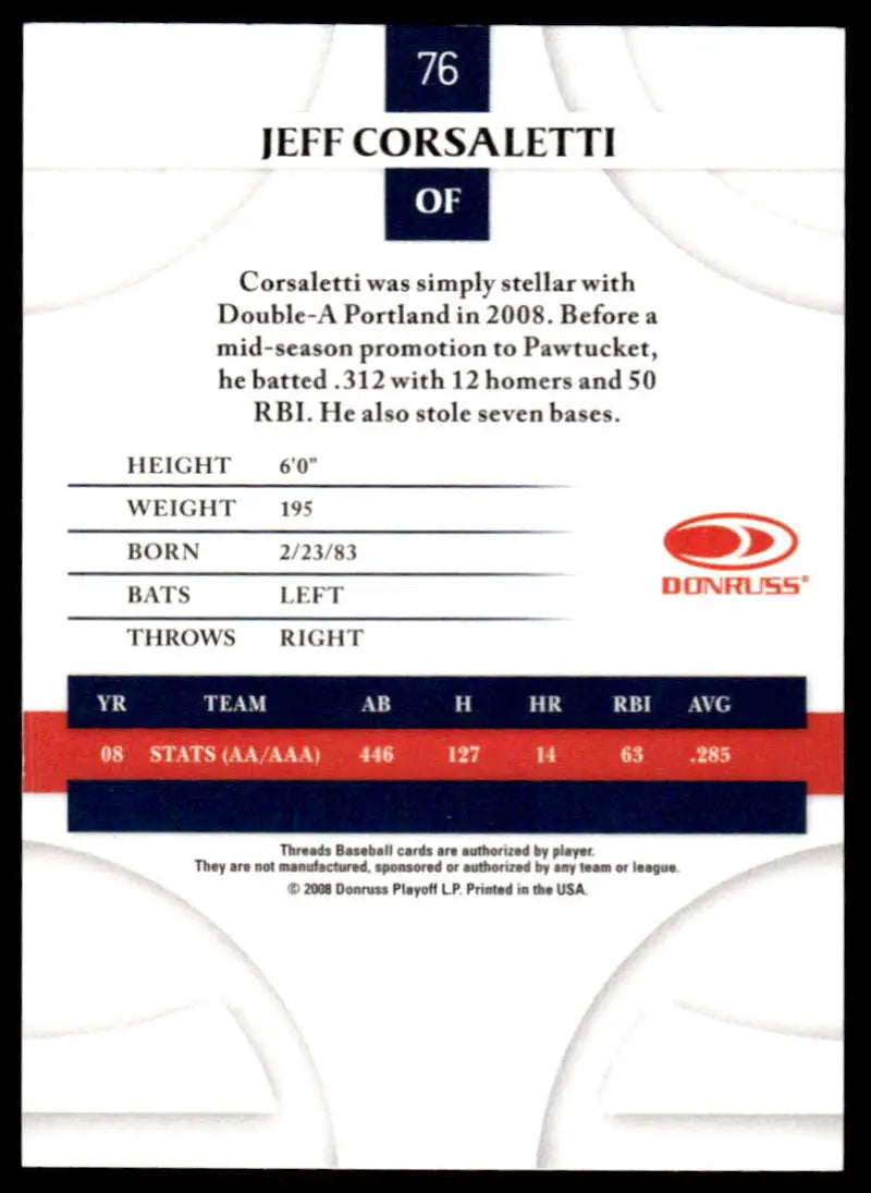 2008 Donruss Threads #76 Jeff Corsaletti EX Excellent Boston Red Sox Baseball Card - Baseball Card Single