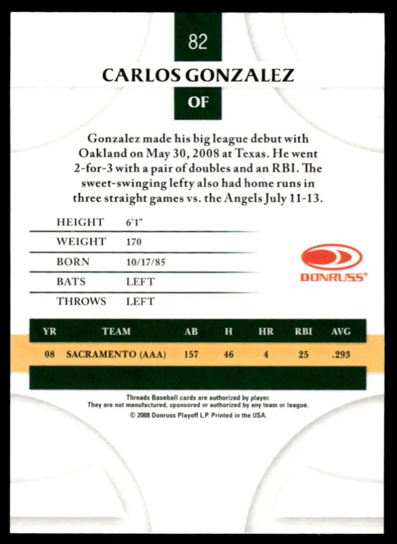 2008 Donruss Threads #82 Carlos Gonzalez EX Excellent Oakland Athletics Baseball Card - Baseball Card Single