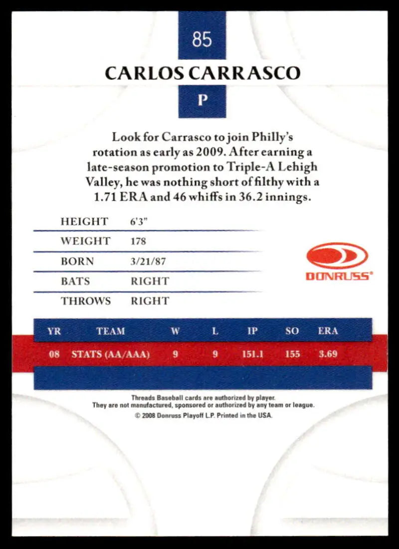 2008 Donruss Threads #85 Carlos Carrasco EX Excellent Philadelphia Phillies Baseball Card