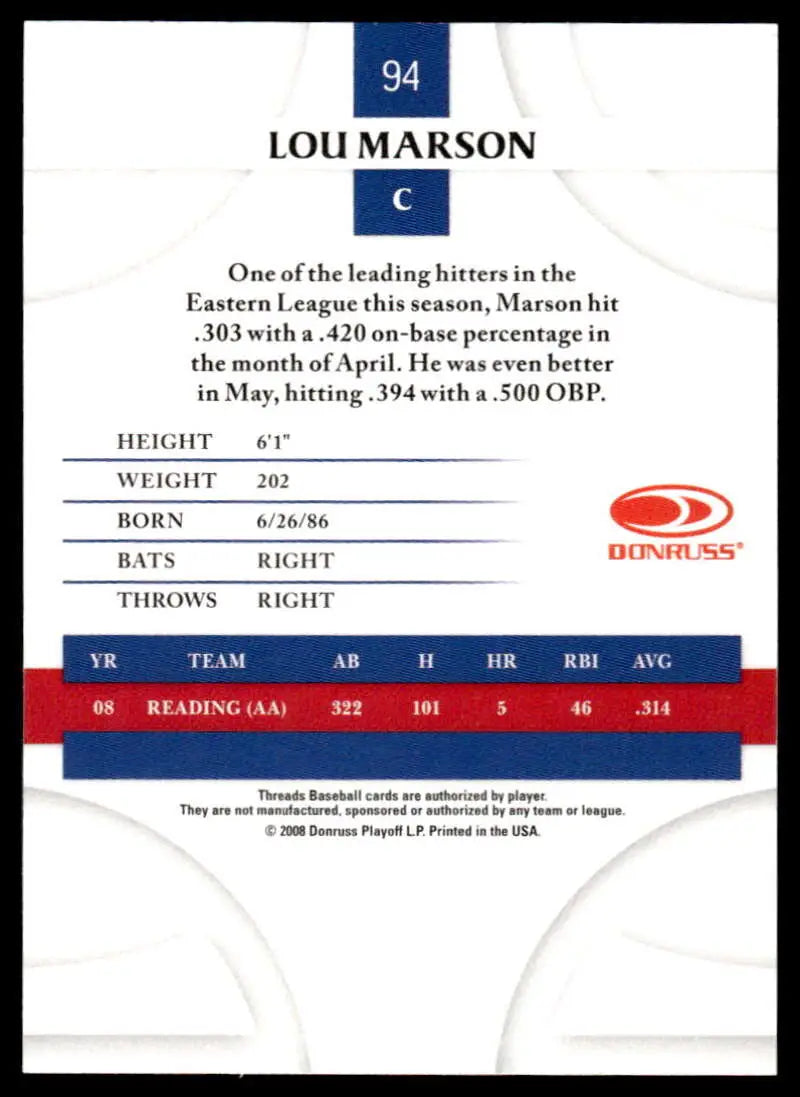 2008 Donruss Threads #94 Lou Marson EX Excellent Philadelphia Phillies Baseball Card - Baseball Card Single