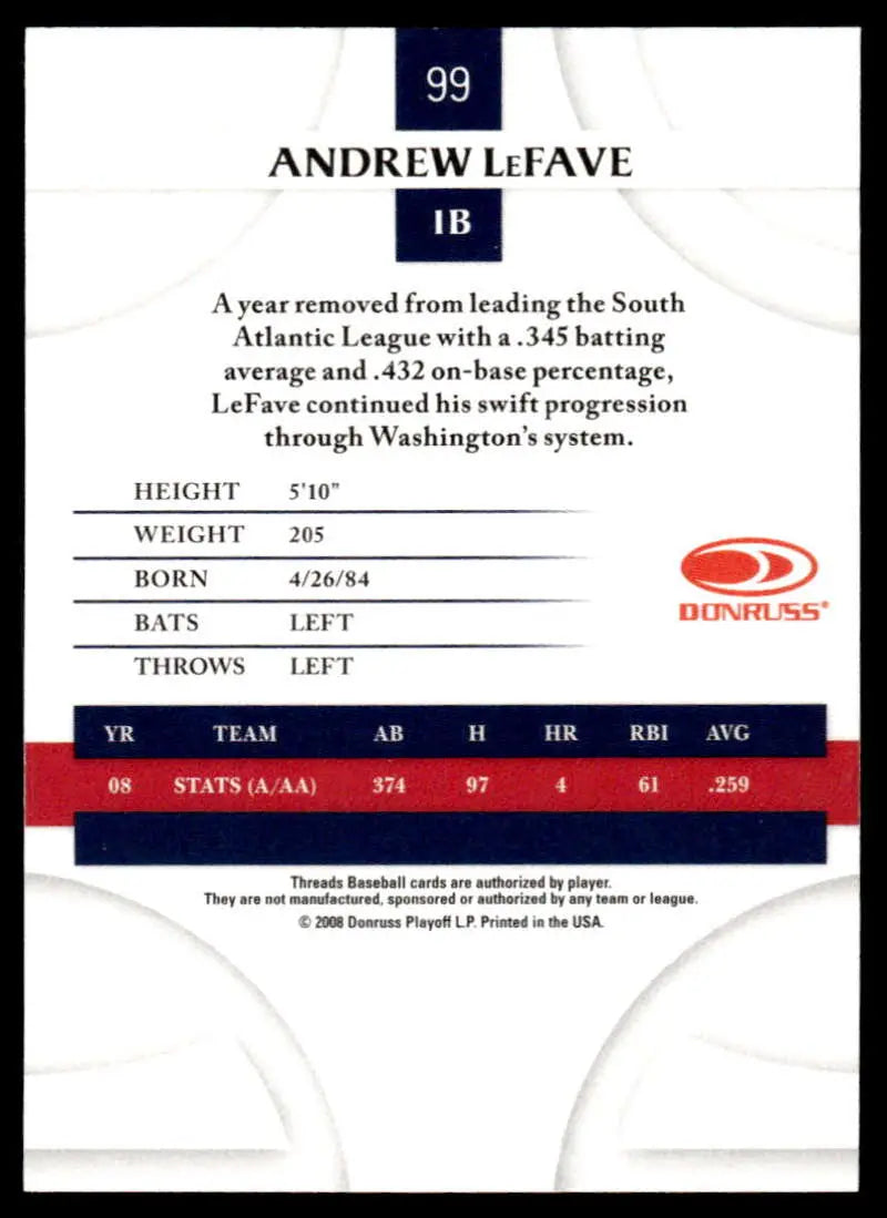 2008 Donruss Threads #99 Andrew LeFave EX Excellent Washington Nationals Baseball Card - Baseball Card Single
