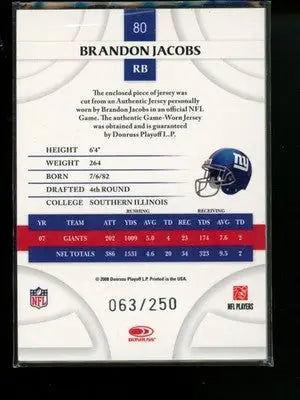 2008 Donruss Threads Brandon Jacobs #80 Game-Worn Jersey 063/250 Football - Sports Memorabilia (Jerseys balls helmets