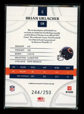 2008 Donruss Threads Brian Urlacher #6 244/250 Game-Used Football Football - Football Card Single