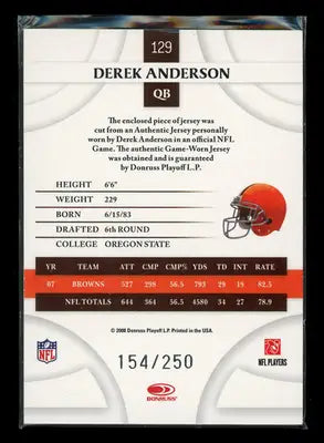 2008 Donruss Threads Derek Anderson #3 154/250 Game-Worn Jersey Football - Sports Memorabilia