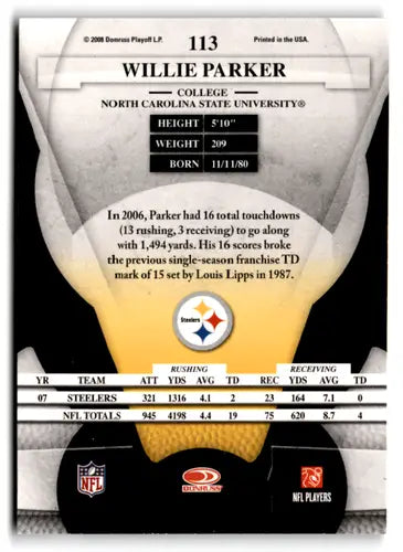 Original gloss Willie Parker football card from Leaf Certified 2008 Steelers product