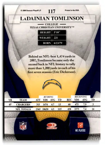 Back of a LaDainian Tomlinson NFL football card with original gloss from Leaf Certified