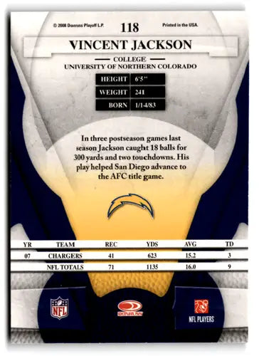 Vincent Jackson football card with original gloss from 2008 Leaf Certified Chargers