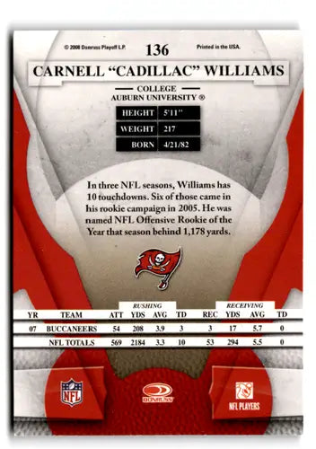 Original gloss Leaf Certified Carnell Cadillac Williams football card featuring Buccaneers player