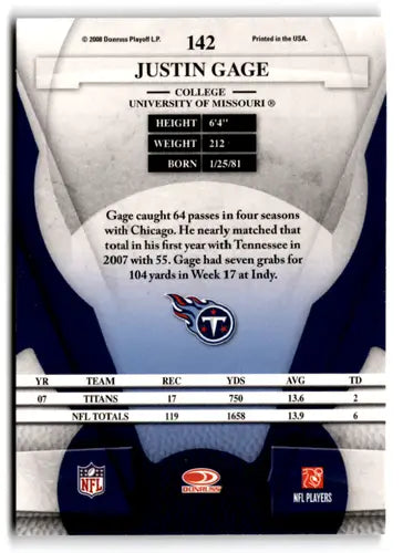 Justin Gage football card Leaf Certified with original gloss from 2008 Titans collection