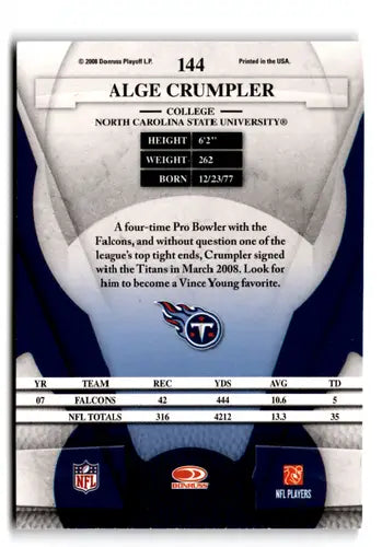 Original gloss Leaf Certified Alge Crumpler football card from 2008 Titans collection