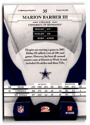 Original gloss Leaf Certified Marion Barber III Cowboys football card, near mint condition