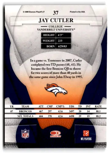 Original gloss Leaf Certified Jay Cutler football card from 2008 Broncos series