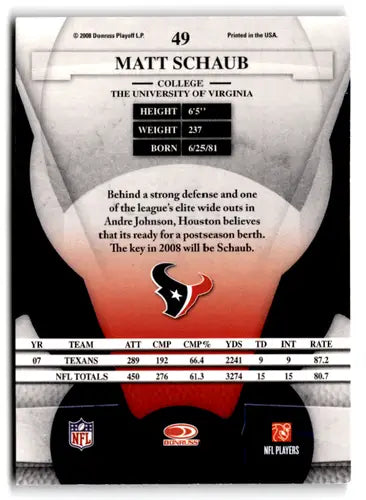 Leaf certified Matt Schaub football card with original gloss from 2008 Leaf Certified series