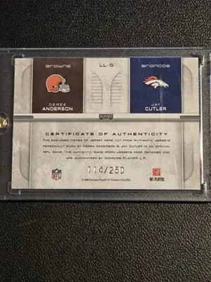 2008 Playoff Prestige Derek Anderson/Jay Cutler MEM Leaders Materials #/250 - Football Card Single